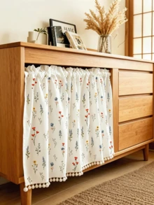 1PC Spring/Summer Minimalist Elegant Cabinet Curtain, Floral Pattern With Pom Pom Tassels, Fresh Style, Embroidered Hollow Cafe Table Skirt Short Window Curtain, Suitable For Kitchen Cabinet, Living Room, Balcony, Bay Window, Bedroom, Wardrobe, Study, Garden Home Decor - White - View 2