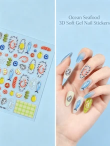 1Sheet Summer Picnic Clear Nail Stickers, 3D Raised Drip Glaze Seafood Fruit Plaid Nail Decals, Cute Shrimp Lemon Fish Self-Adhesive Nail Accessories For Vacation Nails - Multicolor - View 3