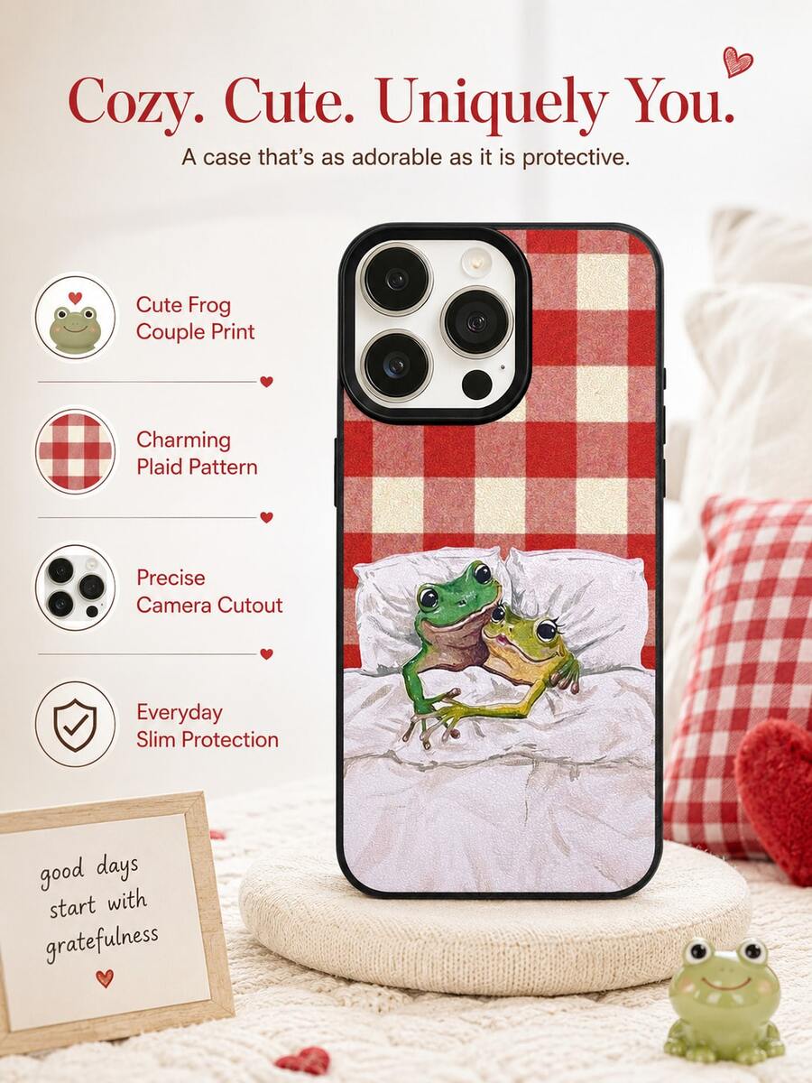 One PC Compatible With IPhone 17 Pro Max/17 Pro/17/16 Pro MAX/16 Pro/16/15 Pro MAX/15 Pro/15/14 Pro MAX/14 Pro/14/13 Pro MAX/13 Pro/13/12 Pro Max/12 Pro/11 Pro Max/11 Series, Featuring A Couple's Frog Design, Black-Edged TPU Soft Shell, And A Heartwarming, Romantic Frog Print Design For Full-Coverage Drop Protection. - Black - View 1
