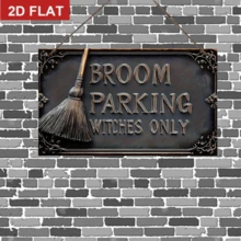 2D Plano - 1 pieza Placa de madera con diseño gráfico impreso, Placa de pared de madera, Estilo vintage "Solo estacionamiento de escoba de bruja". Esta decoración rústica de Halloween presenta un diseño de sombrero de bruja y escoba, con una apariencia similar a la madera, adecuada para el hogar, bar, cafetería - Negro y gris - Ver 1