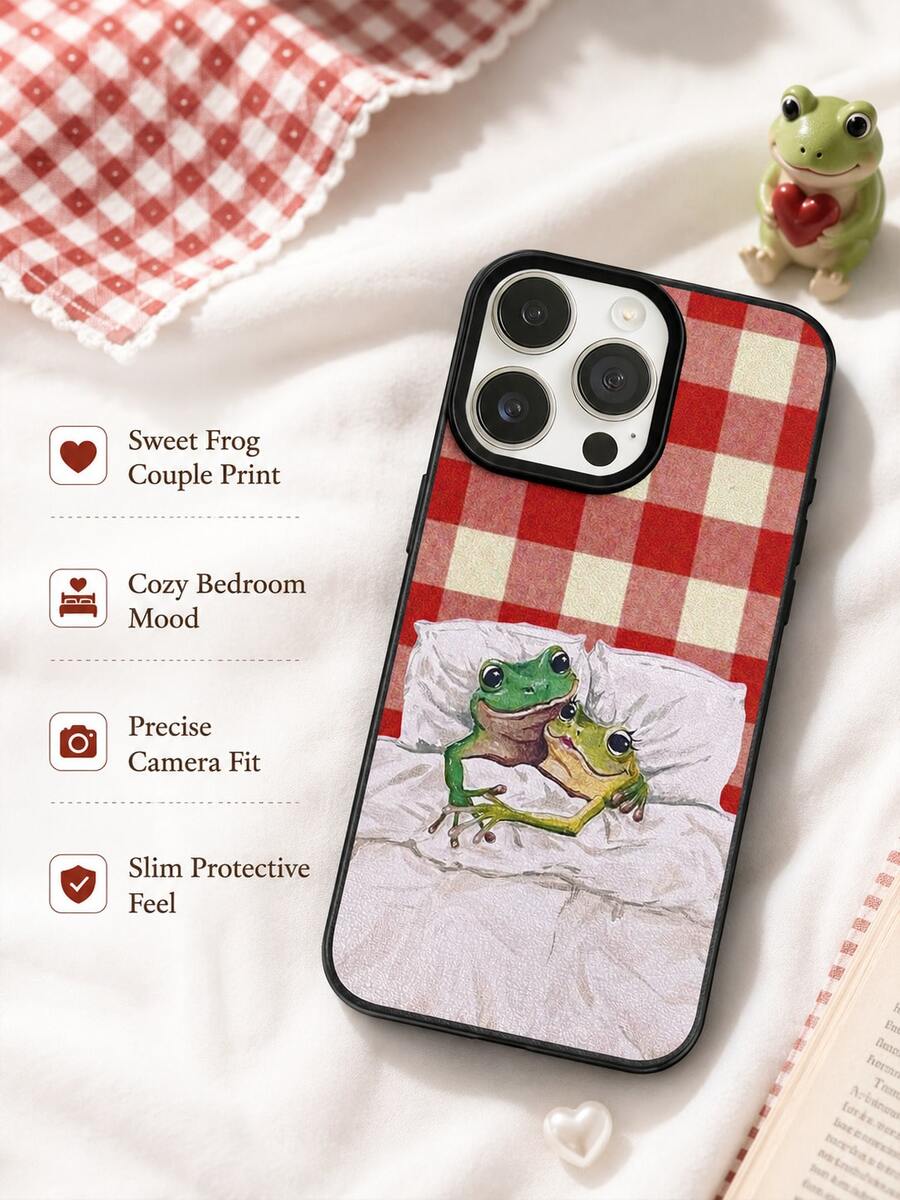 One PC Compatible With IPhone 17 Pro Max/17 Pro/17/16 Pro MAX/16 Pro/16/15 Pro MAX/15 Pro/15/14 Pro MAX/14 Pro/14/13 Pro MAX/13 Pro/13/12 Pro Max/12 Pro/11 Pro Max/11 Series, Featuring A Couple's Frog Design, Black-Edged TPU Soft Shell, And A Heartwarming, Romantic Frog Print Design For Full-Coverage Drop Protection. - Black - View 1