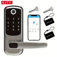 NJTY 智能指紋門鎖附把手，5合1無鑰匙進入電子門鎖，APP控制/觸控螢幕密碼/指紋/IC卡/機械鑰匙，自動上鎖鋁合金智能鎖，適用於大門、公寓、居家、辦公室 - 彩色 - 查看 10