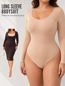 1pc Plus Size Nude Seamless Long Sleeve Bodysuit, U-Neck Ribbed Fabric, Soft Bust Support With Seamless Edging, Waist Compression And Tummy Control, Smooth Back For Body Shaping, High Elasticity Soft And Comfortable, Autumn/Winter Commute Date Dress Layering Daily Wear Base Layer Shaping Top - Apricot - View 1