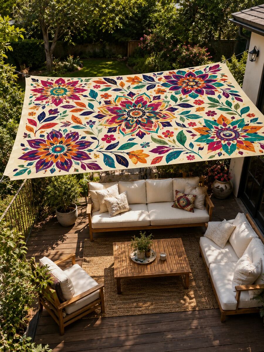 1pc Bohemian Floral Sun Shade, Lightweight Polyester Material, Suitable For Beach, Camping, Garden, Picnic, Outdoor Adventure Sun Shade (Support Pole And Rope Not Included) - B - View 1