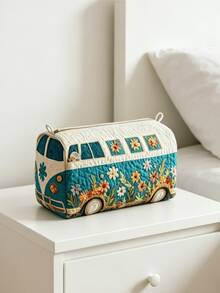 Quilted Makeup Bag, Floral Bus Design Cosmetic Organizer, Travel Storage Bag, Lightweight Foldable Storage Pouch, Zipper Closure, Washable Lining, Suitable For Makeup Brushes, Lipsticks, Skincare Bottles, Jewelry, Daily Organization, Overnight Trips, Vacations, Gym Lockers, Ideal For Travel Enthusiasts, Unique Birthday Gift, Holiday Gift, Party Gift, Vacation Gift, Back To School Gift, Anniversary Gift, Teacher Gift - Multicolor - View 7