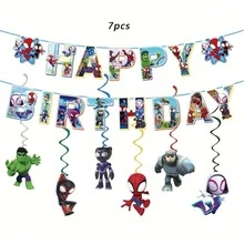 New Cartoon Hero Theme Birthday Decoration Set, Includes Bunting And Spiral Decor, Suitable For Birthday Party, Home And School Decoration - Multicolor - View 1