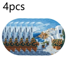 圓形與橢圓形聚酯纖維餐墊 36*36cm,聖托里尼白色建築、藍色海洋與藍色門窗、三角梅印花,防水耐熱可水洗,適用於餐桌裝飾與隔熱 - 彩色 - 查看 21