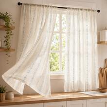 NOSBEI 2pcs/1pc Rod Pocket Sheer Curtains For Small Windows, Cream Background With Multicolor Polka Dot & Striped Translucent Panels, Breathable Soft Texture, Farmhouse Style Laundry Room Decor - Green - View 3