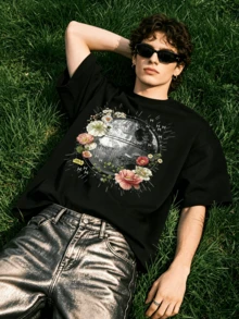 Herren Sommer Lässig Weich Rundhals Kurzarm-Shirt,Blumen-Todeskunst-Muster Grafik ist für den täglichen Gebrauch geeignet. - Schwarz - Übersicht 3