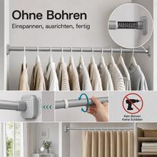 Gardinenstange ohne Bohren Teleskopstange zum Klemmen, stabile Spannstange aus Karbonstahl 25mm mit Anti-Rutsch Endkappen, ausziehbare Kleiderstange für Bad Küche Fenster Schrank Wohnzimmer, Grau 160- - Schwarz - Übersicht 5