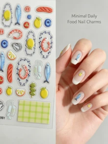 1Sheet Summer Picnic Clear Nail Stickers, 3D Raised Drip Glaze Seafood Fruit Plaid Nail Decals, Cute Shrimp Lemon Fish Self-Adhesive Nail Accessories For Vacation Nails - Multicolor - View 2