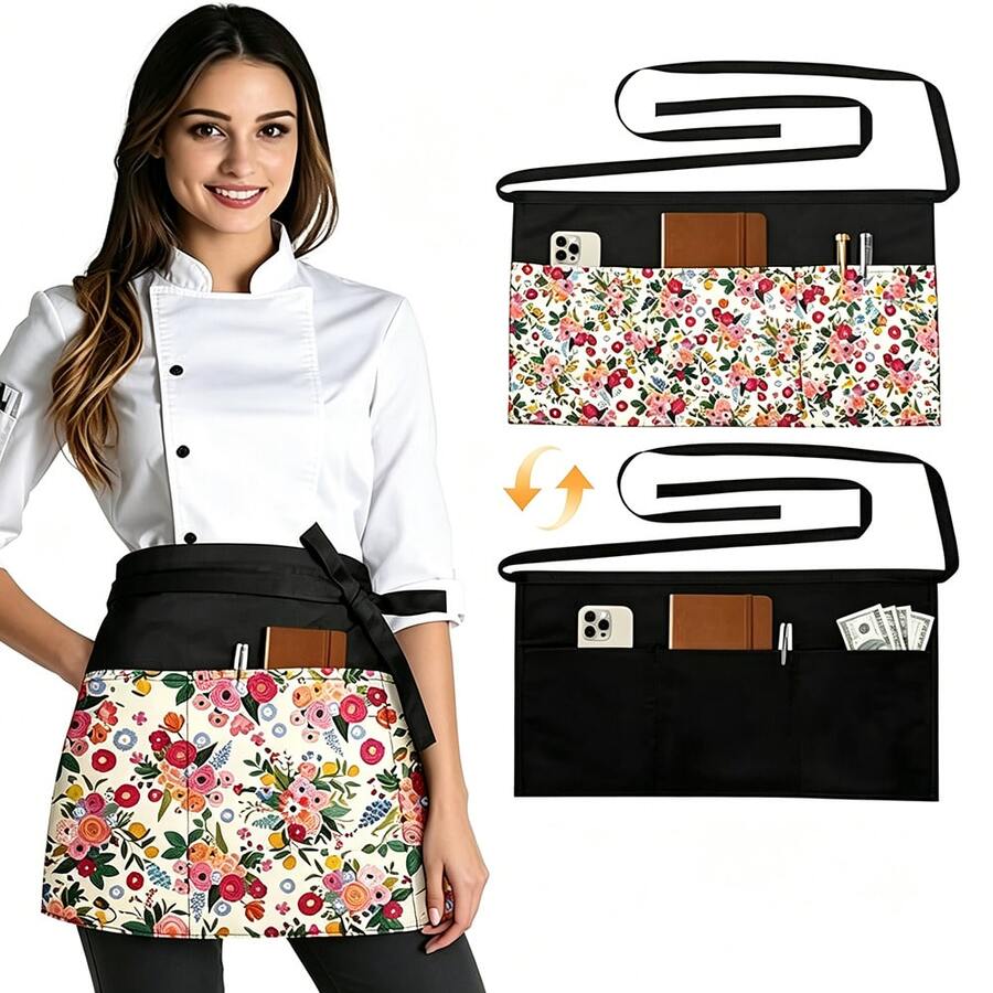 Double-Sided Floral Half-Waist Apron With 6 Pockets, Adjustable Design, Suitable For Waiters, Waitresses And Cafes - Multicolor - View 1