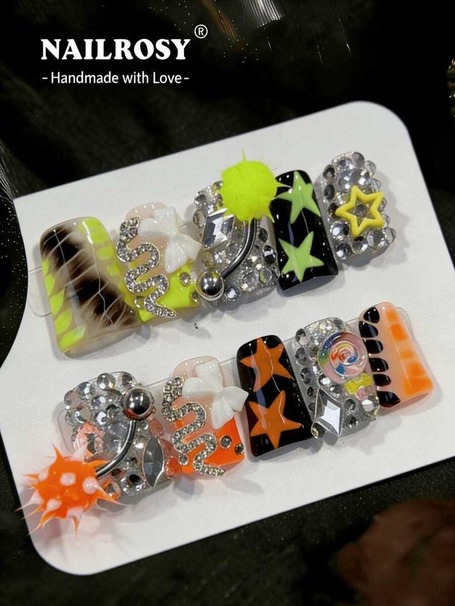 NAILROSY 10片裝鴨嘴甲棺材形3D雕花浮雕手工穿戴甲，婚禮儀式新娘必備，純白裸色透明色，日常通勤，2026春季新品，專業沙龍級手工品質