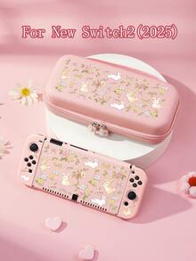 Conejo de dibujos animados lindo, flor de rosa francesa, patrón de lazo Funda protectora para Switch/Switch 2da generación/Carcasa protectora transparente con brillo, compatible con el nuevo Switch 2 (2025)/Switch NS/Switch OLED/Lite, adecuada y compatible con accesorios de consola de juegos Switch, juego completo, bolsa de almacenamiento, carcasa base con ranura para tarjeta, caja de almacenamiento de tarjetas de juego, funda protectora para Switch, mejor regalo compatible con jugadores de Switch - Multicolor - Ver 1