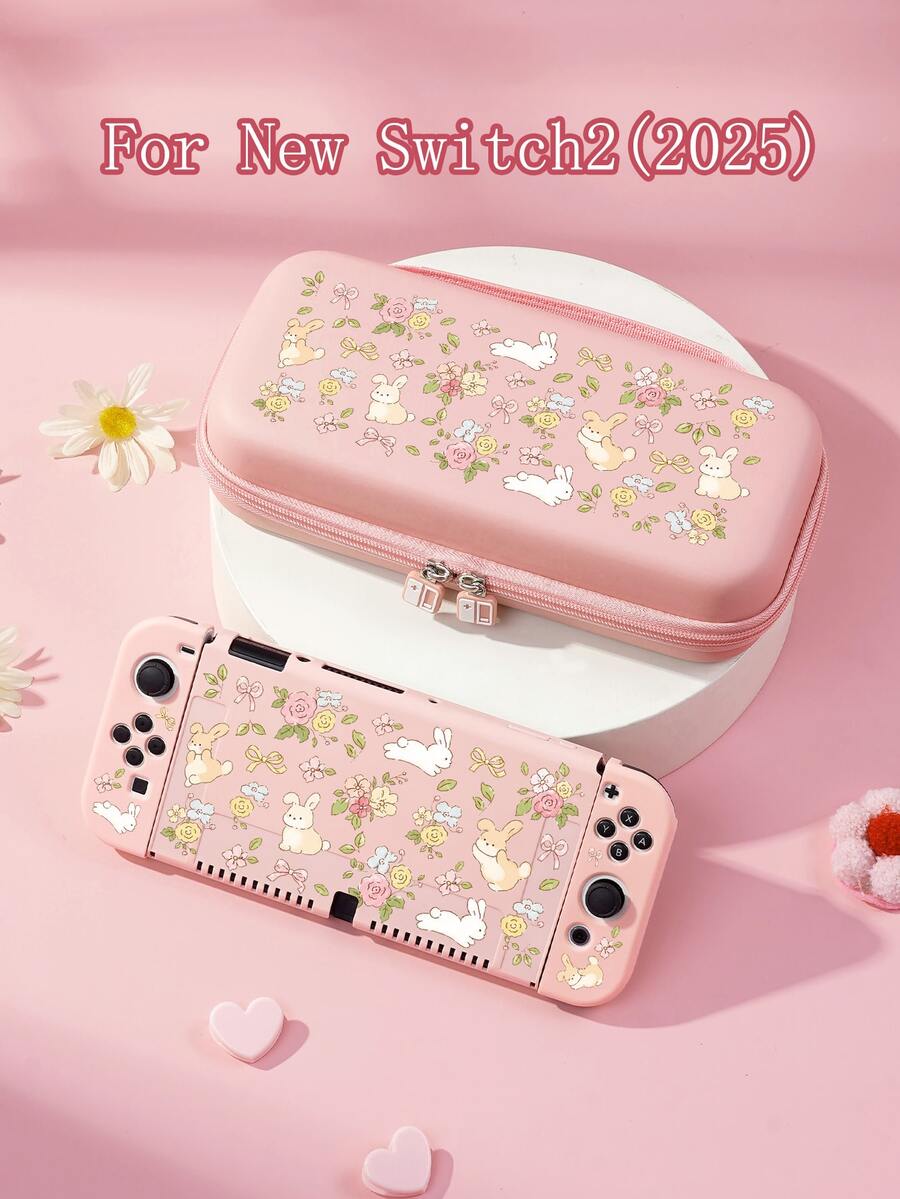 Conejo de dibujos animados lindo, flor de rosa francesa, patrón de lazo Funda protectora para Switch/Switch 2da generación/Carcasa protectora transparente con brillo, compatible con el nuevo Switch 2 (2025)/Switch NS/Switch OLED/Lite, adecuada y compatible con accesorios de consola de juegos Switch, juego completo, bolsa de almacenamiento, carcasa base con ranura para tarjeta, caja de almacenamiento de tarjetas de juego, funda protectora para Switch, mejor regalo compatible con jugadores de Switch - Multicolor - Ver 1