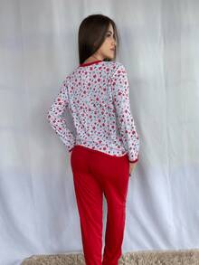 Pijama Conjunto Feminino Inverno Quentinho Estampado Pijama comprido Mangas Longas - Vermelho - Visão 3