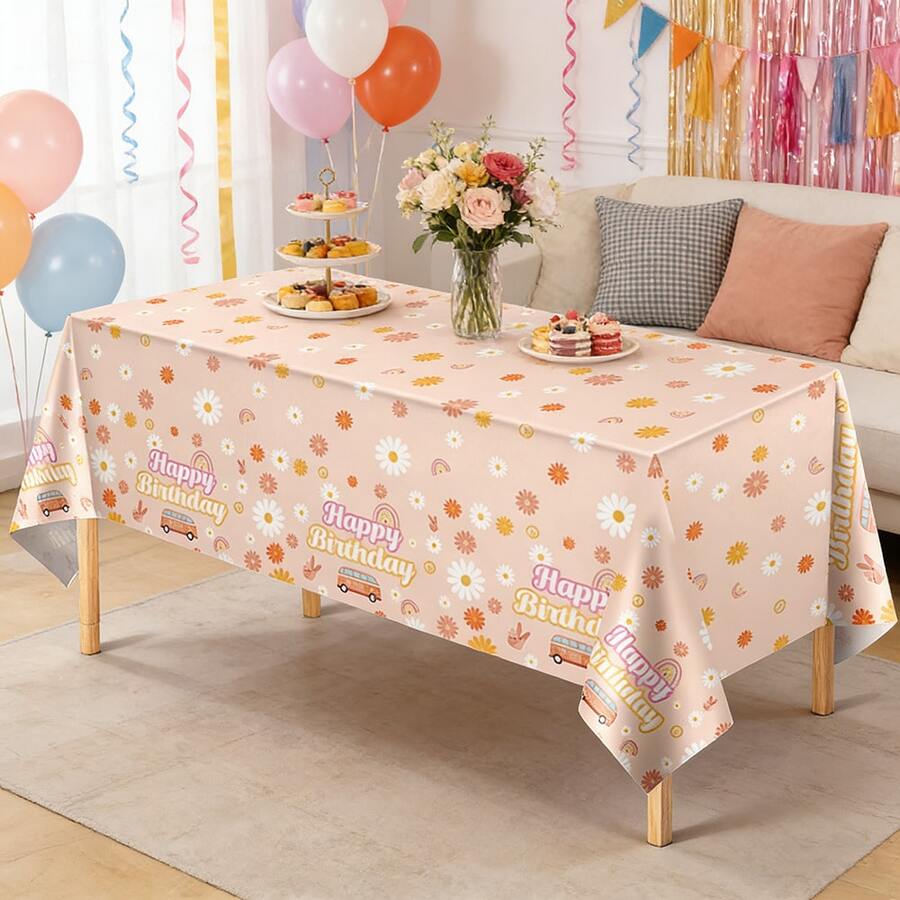 1/3pcs Daisy - Car Birthday Tablecloth Disposable Plastic Tablecloth Rainbow Hippie Birthday Party Supplies Party Decoration Vintage Daisy Party Tablecloth Rectangular Plastic Tablecloth 137x274cm - Multicolor - View 1