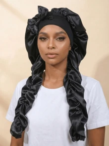 1pc Women's Satin Bowknot Long Braid Sleep Cap, Adjustable Snap Button Sleep Bonnet, Suitable For Curly Hair, Silky Anti-Static Night Headwrap, Sleep Hair Care Cap - Multicolor - View 11