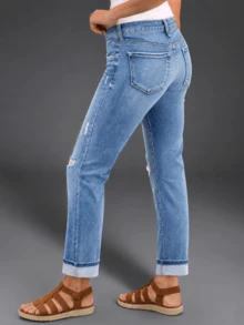 New Women's Fashion Elastic Distressed Skinny Jeans With Pockets - Elastic Straight Leg Jeans Casual Spring - Medium Wash - View 3