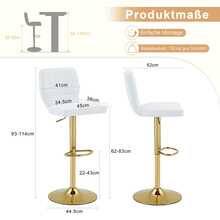 Height-Adjustable Bar Stool / 360° Swivel Bar Stool / With Backrest And Footrest / Leather Upholstery / Load Capacity 136 Kg / For The Bar At Home Or In The Office - 白色+金色 - 查看 8