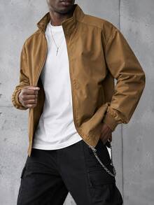 1pc Men's Brown Stand Collar Raglan Sleeve Loose Fit Jacket, Full Zip Design, Pilling Resistant, Machine Washable & Dryable, Retro American Street Style Outerwear, Suitable For Spring/Autumn Commute, Casual Street Style - Brown - View 11