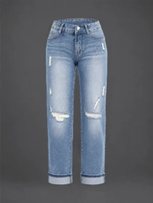 New Women's Fashion Elastic Distressed Skinny Jeans With Pockets - Elastic Straight Leg Jeans Casual Spring - Medium Wash - View 4