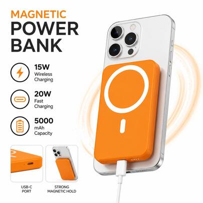 Vibrant Orange Magnetic Wireless Power Bank 5000mAh With 15W Wireless Charging & 20W PD Fast USB-C Port Perfect Fit For IPhone 15 14 13 12 Series With Magnetic Cases Great For Beach Trips Sunny Vacations Outdoor Selfies Festivals Hiking Camping Daily Commutes With Intelligent Power Cutoff Button Led Status Lights Strong Built-In Magnets Anti-Slip Matte Styling