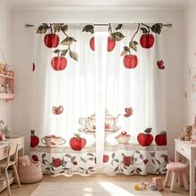 2pcs Fruit Embroidery Print Modern Curtains, 100% Polyester Fabric Durable, Suitable For Living Room, Bedroom, Kitchen, Bathroom Decor (Curtain Rods Not Included) - Multicolor - View 2