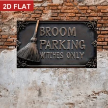 2D Plano - 1 pieza Placa de madera con diseño gráfico impreso, Placa de pared de madera, Estilo vintage "Solo estacionamiento de escoba de bruja". Esta decoración rústica de Halloween presenta un diseño de sombrero de bruja y escoba, con una apariencia similar a la madera, adecuada para el hogar, bar, cafetería - Negro y gris - Ver 3