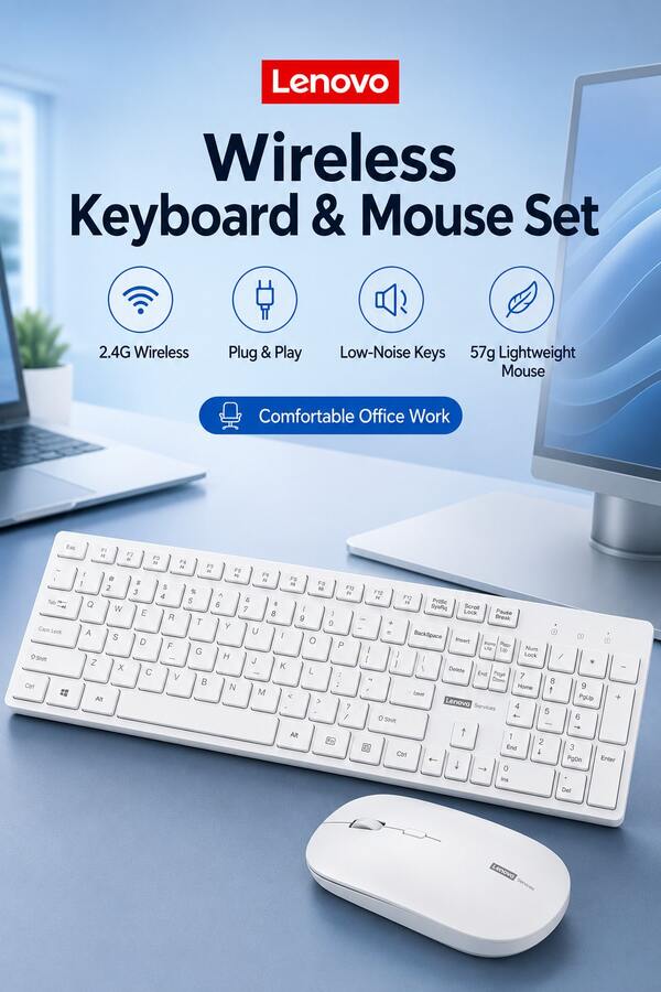  Lenovo 2.4G Wireless Keyboard & Mouse Combo, 105-Key Full-Size Keyboard With Numeric Keypad, Plug & Play, Compatible With Desktop, Laptop And All-In-One PC