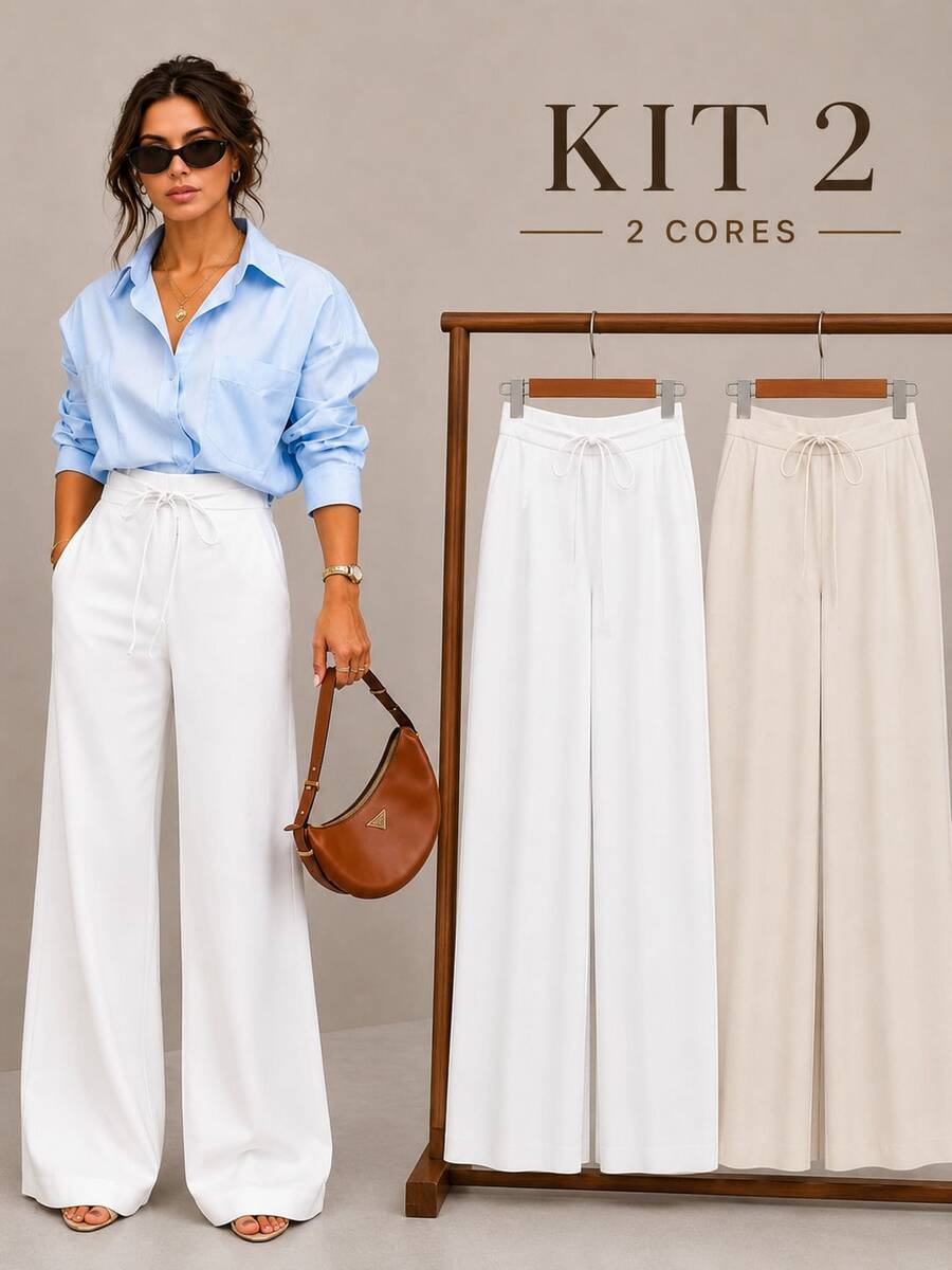 KIT 2 Calças pantalona feminina de alfaiataria elegante em tecido marrante - bage -branco - Visão 1