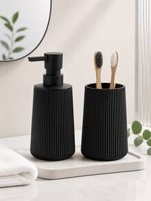 2pcs Matte Black Striped Bathroom Set - Soap Dispenser & Toothbrush Holder, Minimalist Luxury Style, Suitable For Bathroom Countertop - Black - View 7