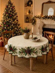 1pc Watercolor Pine Cone & Holly Berry Print Round Tablecloth, Suitable For Neutral Winter Decor, Home Decor, Room Decor, Bedroom Decor, Garden, Kitchen, Farmhouse Style Holiday Party And Christmas Celebration - Multicolor - View 9