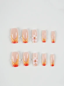 即時風格升級 24片/組 法式中長管狀藍色清新3D珍珠波浪花卉金邊線條漸層亮片魅力穿戴式假指甲，增添浪漫氛圍，讓妳顯得更甜美，美甲用品 - 橘色 - 查看 6