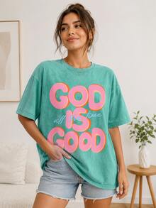 Men's God Is Good Distressed Graphic Tee, Oversized Crew Neck Short Sleeve Vintage Wash T-Shirt, Unisex Boyfriend Fit - 綠色 - 查看 2