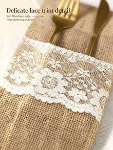 Linen Lace Cutlery Pouch, Rustic Coarse Linen Long Tableware Storage Sleeve For Birthday Party Christmas Table Decor - Multicolor - View 6