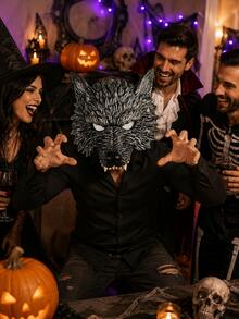 Halloween Wolf Mask, Adult Men & Women Halloween Horror Animal Half Face Werewolf Mask, Halloween Cosplay Costume Accessory, Party Dress Up, Halloween Costume Photo Prop - Silver - View 2