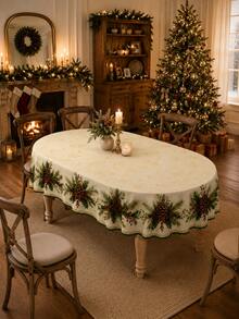 1pc Watercolor Pine Cone & Holly Berry Print Round Tablecloth, Suitable For Neutral Winter Decor, Home Decor, Room Decor, Bedroom Decor, Garden, Kitchen, Farmhouse Style Holiday Party And Christmas Celebration - Multicolor - View 6