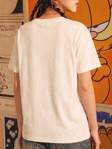 SHEIN | Garfield 女款米色圓領T恤，可愛卡通熊紫色迷人標語印花，寬鬆短袖，適合日常街頭女孩休閒穿搭 - 杏色 - 查看 4