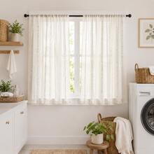 NOSBEI 2pcs/1pc Rod Pocket Sheer Curtains For Small Windows, Cream Background With Multicolor Polka Dot & Striped Translucent Panels, Breathable Soft Texture, Farmhouse Style Laundry Room Decor - Green - View 9
