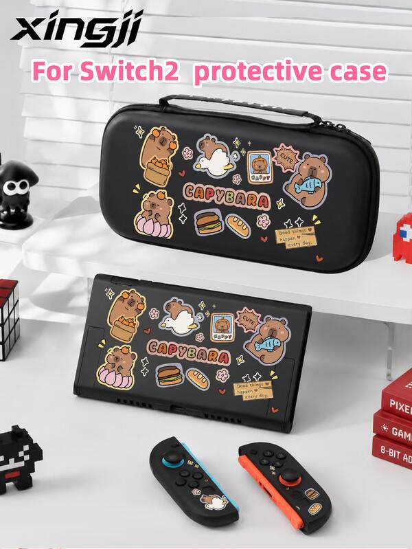 New Switch 2 (2025) 遊戲主機保護殼 1件裝，簡約塗鴉水豚插畫圖案，相容 Switch NS/Switch OLED 遊戲主機，新 2 代 TPU 軟殼通用保護套，Switch 控制器保護殼，遊戲配件，通用收納袋，防摔防滑防刮，美觀，送給家人朋友的最佳選擇