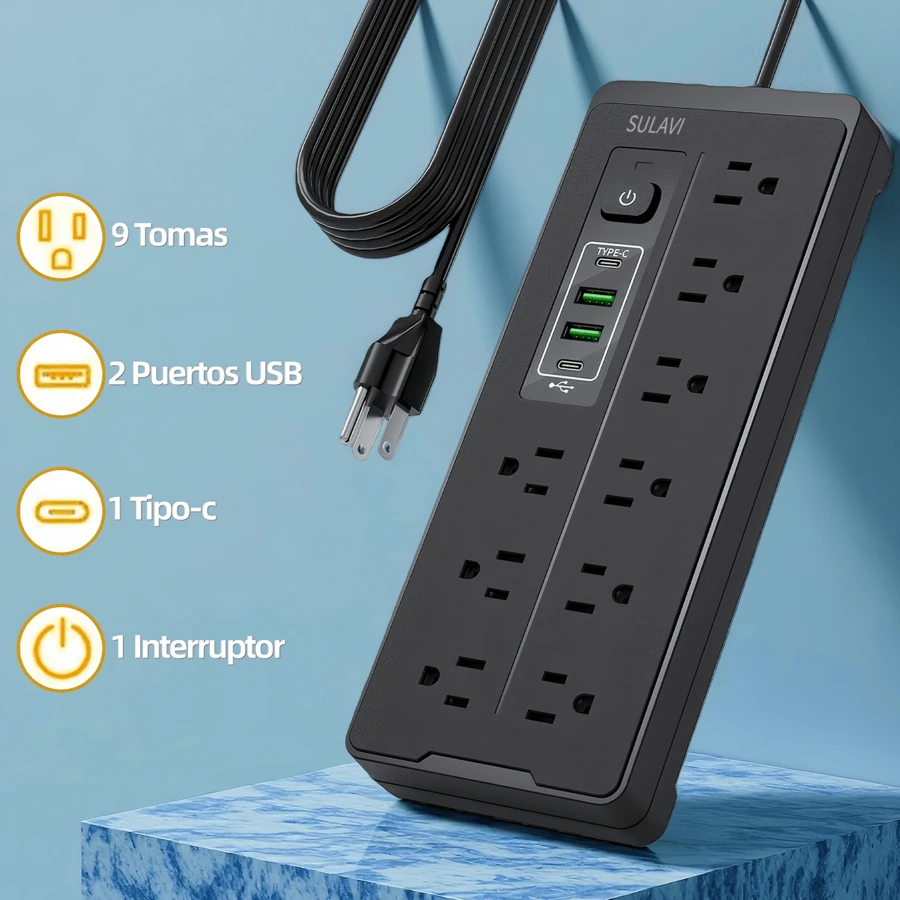 SULAVI 13-In-1 Power Strip: Power Strip With 9 Outlets, 2 USB Ports, 2 Type-C Ports, 2-Meter Cable - US B Type Plug(110-127V) - View 1