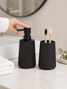 2pcs Matte Black Striped Bathroom Set - Soap Dispenser & Toothbrush Holder, Minimalist Luxury Style, Suitable For Bathroom Countertop - Black - View 10