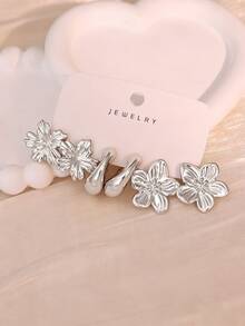 6/18PCS Fashionable Elegant Floral Geometric Multi- Silver Metallic Earring Set, Women's Fashion Earring Set, Daily Wear, (Lightweight CCB Material, Non-Fading) - Silver - View 5