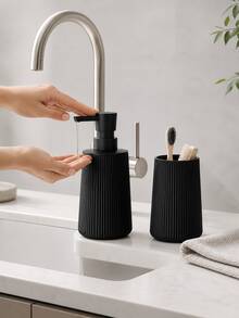 2pcs Matte Black Striped Bathroom Set - Soap Dispenser & Toothbrush Holder, Minimalist Luxury Style, Suitable For Bathroom Countertop - Black - View 9