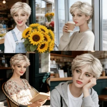 Layered Short Blonde Pixie Wigs For White Women Dark Brown Ombre Blonde Pixie Cut Wig With Bangs Synthetic Natural Looking Daily Party Wig - Multicolor - View 9