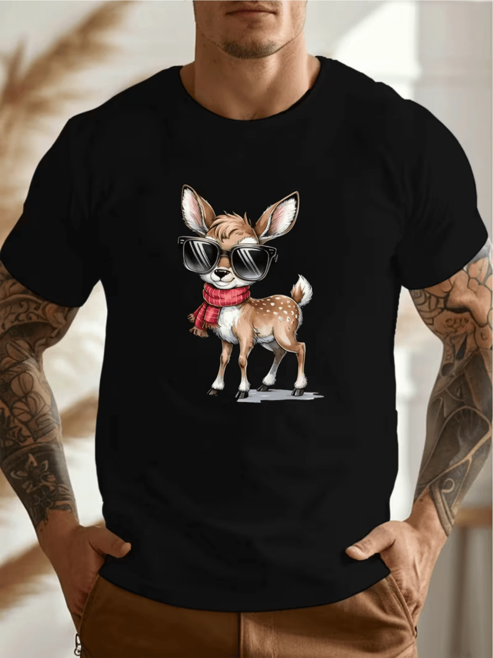 Ciervo joven con gafas de sol y bufanda roja que refleja una actitud moderna confiada y divertida camiseta de hombre casual elegante - Negro - Ver 1