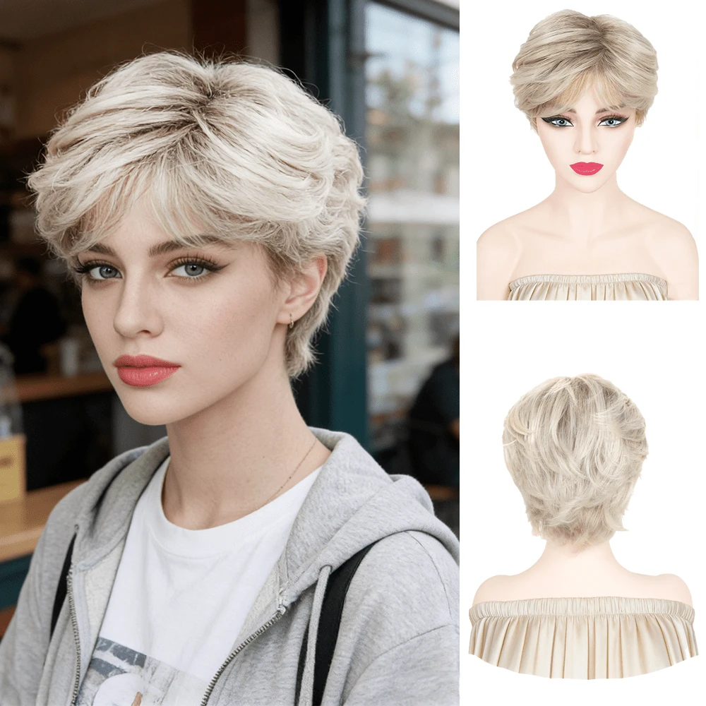 Layered Short Blonde Pixie Wigs For White Women Dark Brown Ombre Blonde Pixie Cut Wig With Bangs Synthetic Natural Looking Daily Party Wig - Multicolor - View 1