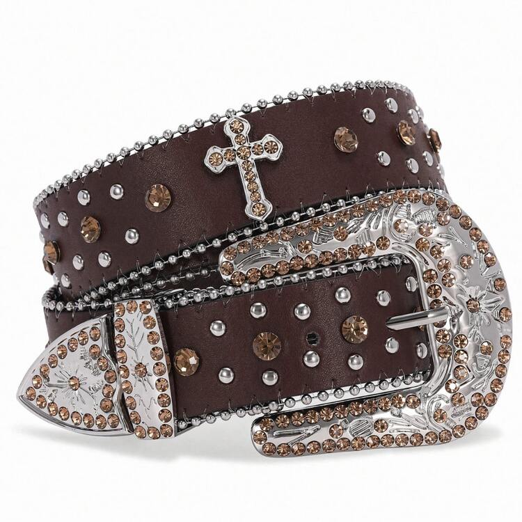 SUOSDEY Unisex Rhinestone Belt  Halloween    Vintage    Rivet    Sparkly Bling Diamond  Belts  Music Festival Wear - 卡其色 - 查看 1