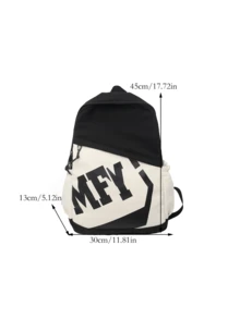 حقيبة ظهر للطالب، طباعة حروف كبيرة، قماش نايلون مقاوم للماء، جيوب جانبية بسحاب مزدوج وحبل شد، أسلوب كاجوال شارع، للتنقل اليومي للمدرسة والخارج - أبيض وأسود - مشاهدة 7